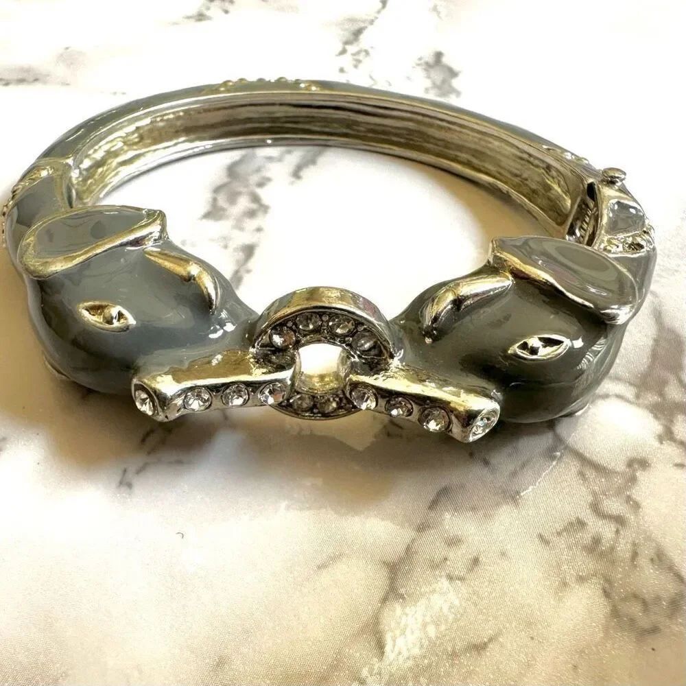 Grey elephant enamel hinged bangle bracelet